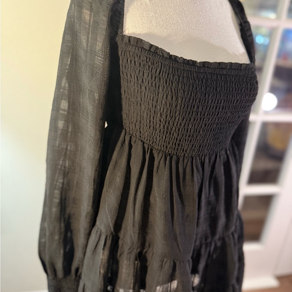 Urban Outfitters River Smocked Long Sleeve Mini Dress Small Babydoll Tiered Boho - Picture 3 of 16